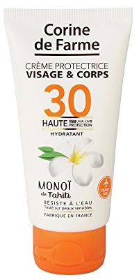 Corine de Farme - Crème Protectrice SPF30 Haute Protection UVA-UVB - Crème Solaire Visage et Corps, Sans Paraben, Résiste à l’Eau - Monoï de Tahiti - 50 ml