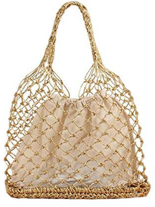 KAISHIN INS New Solid Beach Bag for Women Mesh Crochet Straw Tote Bag Summer Portable Handbag Gold