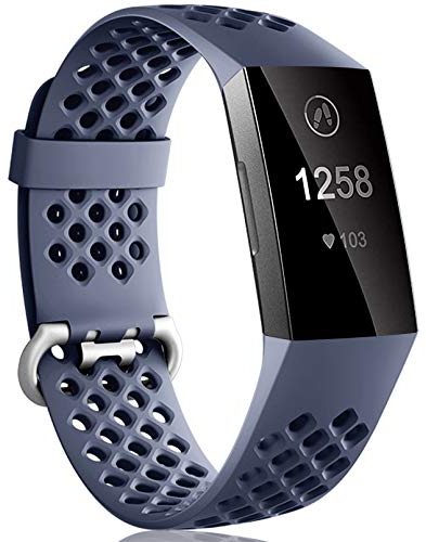 Dirrelo Kompatibel mit Fitbit Charge 3/Fitbit Charge 4 Armband, Sport Silikon Verstellbarer Ersatzarmband Atmungsaktives Uhrenarmband für Fitbit Charge 3 SE, für Frauen Männer, Blau Grau Große