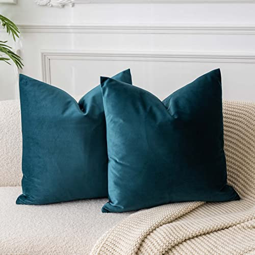 JUSPURBET Pfauenblau Samt-Kissenbezüge 60cmx60cm 2er-Set für Wohnzimmer Couch Sofa Schlafzimmer Dekorative Quadratische Feste Weiche Kissenhüllen mit unsichtbarem Reißverschluss