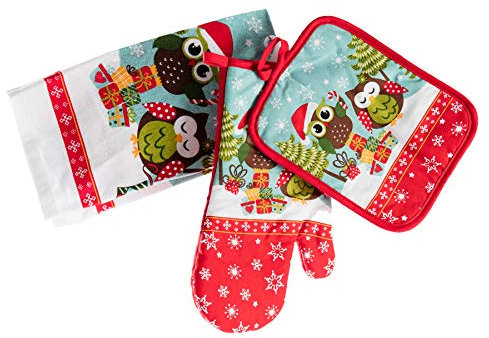 Christmas Mr and Mrs Owl Tea Towel, Oven Glove, Pot Mat Kitchen Set