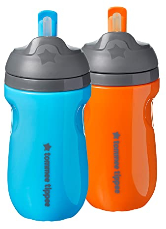 Tommee Tippee Insulated Straw Cup for Toddlers, Spill-Proof, 260ml, 12m+, Pack of 2, Blue and Orange