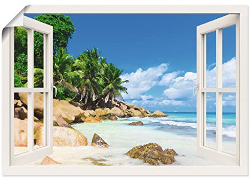 ARTLAND Wanddeko Poster & Kunstdrucke Wandposter 130x90 cm Querformat Fensterblick Strand Karibik Meer Palmen Südsee Natur U1UC