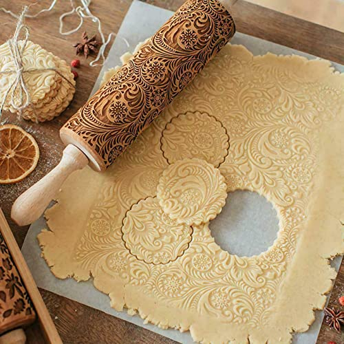 HEZHU Weihnachten Teigroller Präge Nudelholz Graviert 3D Nudelholz Muster PräGerolle Holz PräGung Teigausroller für Weihnachten DIY Küche Lebkuchen Plätzchen (flower-45cm)