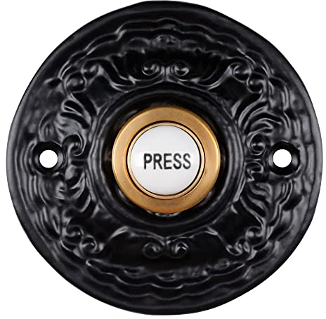 Wired Iron Doorbell Chime with Brass Porcelain Push Button in Black Powder Coat Finish Vintage Decorative Door Bell with Easy Installation, Size 2 1/2