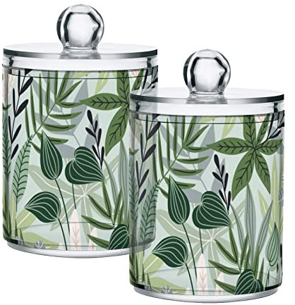 Mnsruu 4 Pack Cotton Swab Holder with Lid Tropical Leaves Green Qtip Cotton Buds Ball Dispenser Bathroom Containers Canister Organizer Storage Jar
