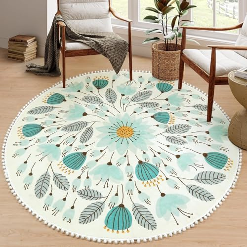 Uphome Runder Teppich fürs Wohnzimmer, Teppich mit Pompon-Borte, florales Pflanzendesign, maschinenwaschbar, rutschfeste Sofamatte, Teppich für Flur, Schlafzimmer, Kinderzimmer, Babyzimmer, 160 cm