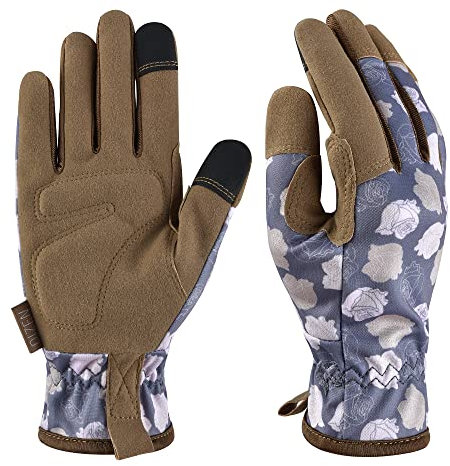 Gartenhandschuhe für Frauen und Männer, Touchscreen Gartenhandschuhe, Dornenfeste und Durchstichfeste Arbeitshandschuhe, Gartengeschenke für Frauen (braune Blume, L)