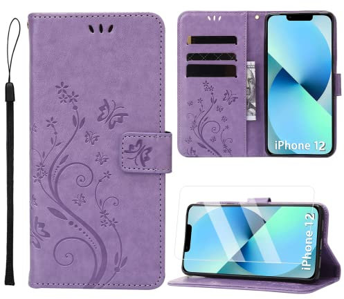 ANSHOW for iPhone 12 Case Wallet with Wrist Strap, iPhone 12 Pro Case, with Screen Protector, Flip Leather Case with Cards Holder Phone Case with Kickstand Cover for iPhone 12/12 Pro, Purple