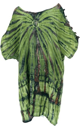 GURU SHOP Schulterfreies Batikdress, Cold Shoulder Tunika, Strandkleid, Weites Minikleid, Bigshirt - Grün, Damen