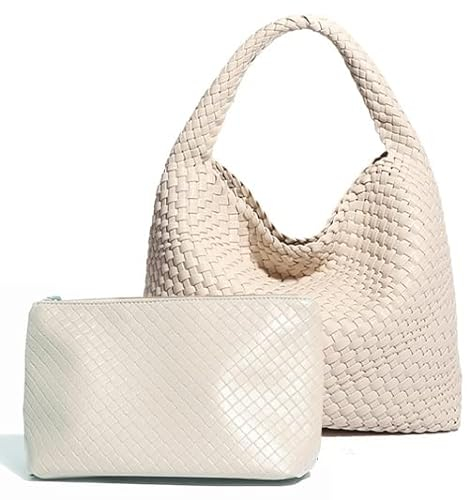 Handtaschen Damen 2-teiliges Set Shopper Damen Groß PU Leder Retro Gewebte Schultertasche Mode Umhängetasche Tote Bag Für Frauen, Klassisch Henkeltasche Kosmetiktasche Arbeit Freizeit Tasche
