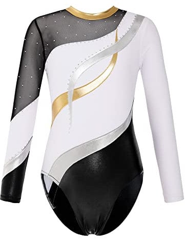 iEFiEL Mädchen Metallic Turnanzug Langarm Gymnastikanzug Tanzbody Leotard mit Strass Glänzende Ballett Trikot Turnkleidung Tanzkostüm X Weiß 146-152