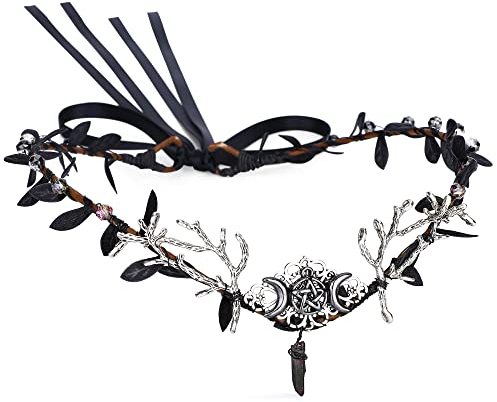 MOSTORY Woodland Crown schwarzes Blatt Kopfschmuck Göttin Tiara Stirnband Feenkönigin Heiligenschein Mond Wald Haargirlande Halloween Renaissance Cosplay Kostüm Zubehör für Damen