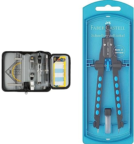 Idena 20066 - Zirkel im Etui, 11-teilig, mit Geodreieck, Lineal, Ersatzminen für den Zirkel, Druckbleistift & Ersatzminen, Stundenplan & Spitzer & Faber-Castell 174340 - Schnellverstell Zirkel, blau