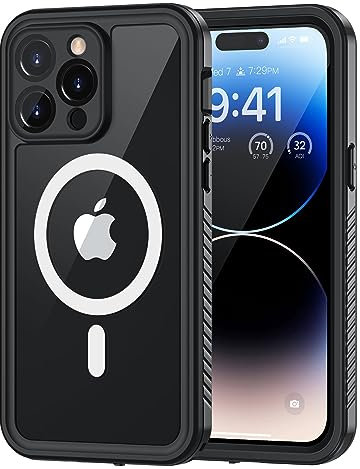 Lanhiem iPhone 14 Pro Max Magnetic Case, Waterproof Dustproof Shockproof Case with Built-in Screen Protector Compatible with Magsafe, Full Body Protective Cover for iPhone 14 Pro Max 6.7 inch -Black