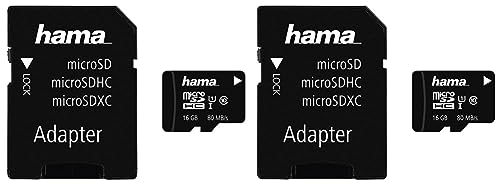Hama microSDHC 16GB Class 10 UHS-I 80MB/s Karte inkl. SD Adapter, Schwarz (Packung mit 2)