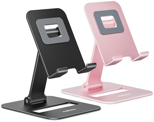 NULAXY 2 Pack Dual Folding Cell Phone Stand, Fully Adjustable Phone Holder for Desk, Compatible with iPhone 16 15 14 13 12 11, All 4-8“ Phones, Black & Rose Gold