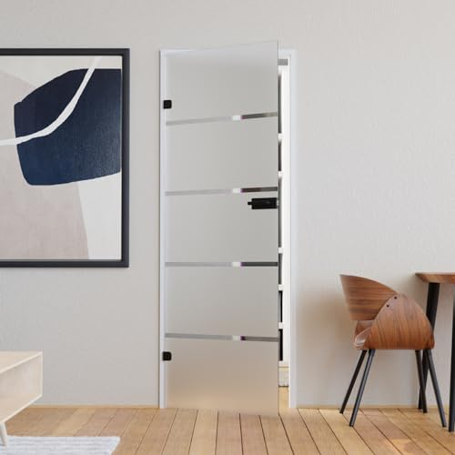 Glastür Komplettset mit Beschlag 834 x 1972 mm Milchglas Streifen - Glastüren aus ESG Glas 8mm satiniert - Innentür Glas mit Türgriff schwarz matt abgerundet mit Buntbart DIN links