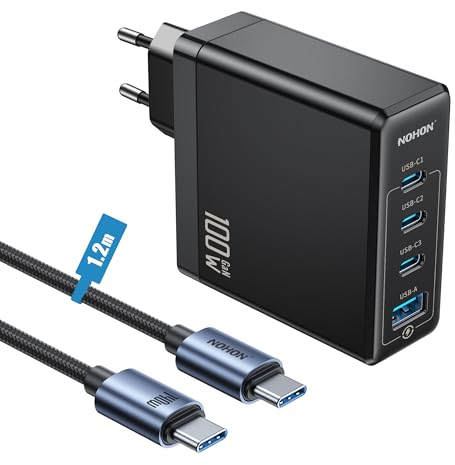 NOHON USB C Rápido Cargador: 100 W PD 3.0 GAN Fuente de Alimentación con Cable Tipo C Carga Rápida 140 W 1,2 M | PPS 4 Puertos Compatible con iPhone 12 13 14 15 MacBook iPad Laptop Galaxy S23