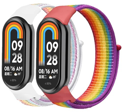 Nylon-Armband, kompatibel mit Xiaomi Mi Band 8, geflochtenes Solo-Loop-Armband, verstellbar, elastisch, Sportband, Ersatzarmband für Xiaomi Smart Mi Band 8, Damen und Herren, schillernd, bunt, 2 Stück