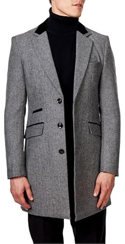 Xposed Men’s Herringbone Long Overcoat Classic Wool Blend Tailored Fit 3/4 Mid Length Coat Jacket