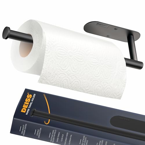 Deiss Pro Papierhandtuchhalter, Schwarz, Papierhandtuchrollen – für Küche, Papiermasse, selbstklebend unter dem Schrank, sowohl als Kleber als auch mit Schrauben erhältlich, Edelstahl
