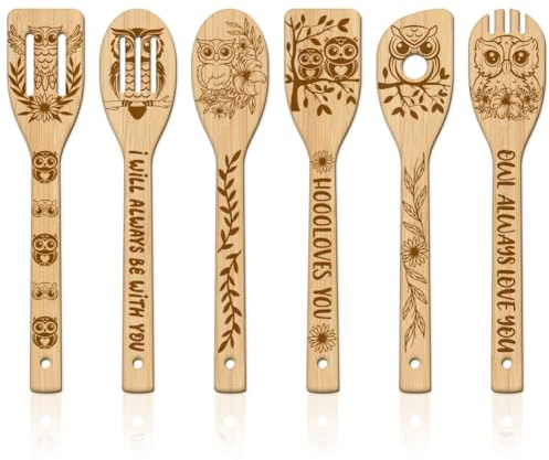 GLOBLELAND 6 Stück Eule Bambus Kochutensilien Vogel Holzgravur Kochlöffel Set Gravur Schnitzerei Küche Bambus Spatel Set Für Küche Housewarming Geschenk Mutter Freundin Frauen