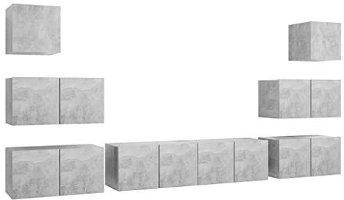vidaXL 8-Piece TV Cabinet Set in Concrete Grey - Engineered Wood, Wall-Mounted Design, Ample Storage Space for Living Room