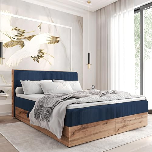 FURNISTAR Boxspringbett TILIA Doppelbett mit Bonellmatratze Bett mit Topper und Bettkasten Cord Stoff Polsterbett mit Kopfteil Modern Schlaffzimmer Wotan Plattet (140x200 Dunkelblau)