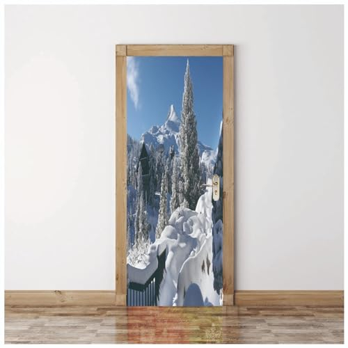 XAONUO 3D Drucken | Tür Bekleben Mit Türtapete Selbstklebend Weiß Bäume Berge Schnee 95X215Cm | Tür Verschönern Mit Türfolie | Türaufkleber Xxl Türbilder | Türposter Türklebefolie