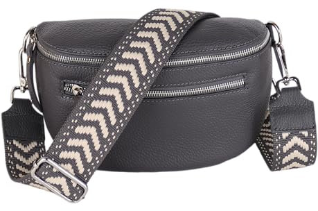 MIRROSI® Damen Bauchtasche Umhängetasche 27x14,5x8cm Damen, Made in Italy, aus Echtleder Tasche Echtes Leder, Brusttasche, Crossbody Bag,Bohemian Style (1 Tasche 2 Gurte) (Dk.Grey Spitzen)
