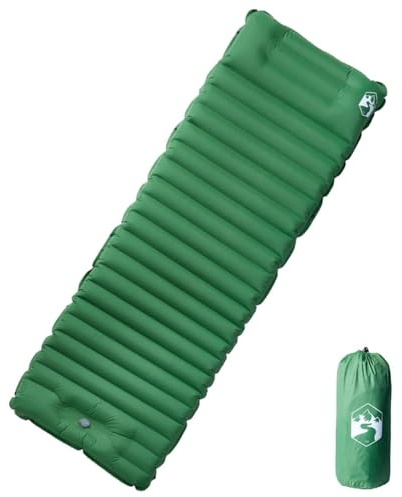 vidaXL Isomatte, Luftmatratze mit Integriertem Kissen Fußpumpe, Campingmatte Erweiterbar Selbstaufblasend, Schlafmatte, Grün 40D-Nylon