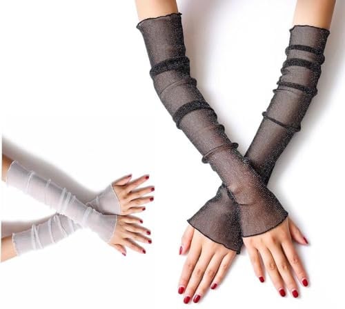 2 Pairs Women's Long Ultra-thin Lace Gloves Sun UV Protection,Fingerless Sun UV Protection Summer Cooling Arm Covers for Party Outdoor Sport Activities- 50cm, Black/White