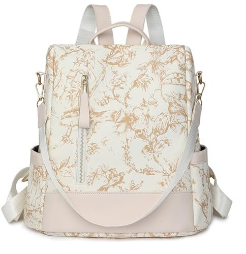 Rucksack Damen Wasserdichte Anti Diebstahl Schulrucksack Umhängetasche, Mode Cityrucksack Tagesrucksack für Schule Reisen Arbeit Einkauf (Druck Beige)