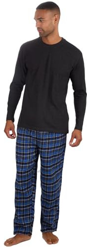 Mens Long Sleeve Plain Top Checked Bottoms Sleepwear Pajama Set Crew Neck Warm Cozy Super Soft Adults Loungewear (Blue-Charcoal, 2XL)