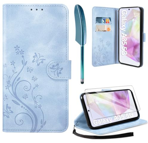AROYI Lederhülle Kompatibel mit Samsung Galaxy A35 5G Hülle und Schutzfolie,Wallet Handyhülle Leder Tasche Kartensteckplätzen Schutzhülle Kompatibel mit Samsung Galaxy A35 5G Nebliges Blau