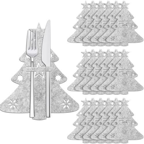 ROADPLUM 18 Stück Besteckhalter Weihnachten Filz, Grau Weihnachtsbaum Bestecktasche Weihnachten Tischdeko Messer Gabeln Löffel Bestecktaschen für Party Weihnachts Tischdeko