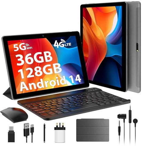 AXETOP 10 Inch Tablet Android 14, 36GB RAM+128GB ROM(TF 1TB), Octa-Core 2.0 GHz, 4G LTE & WiFi 5G/2.4G, Google GMS, Battery 8000mAh, Dual Camera 8MP+5MP, Tablet with Case, Keyboard, Mouse&Pen (Gray)
