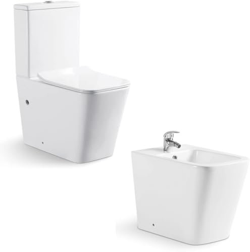 INODORO Completo con BIDET, Inodoro y Bidet Blanco, Pack Wc Inodoro, Retrete con Bidet para Hogar, Sistema Rimless Antibacterias, Tapa Dura Extrafina Amortiguada, Salida Dual