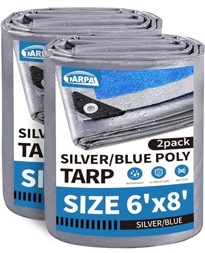 TARPAL Tarp Mehrzweckplane, wasserfest, 1,8 x 2,4 m, 2 Stück, 7,5 mm, Silber/Blau