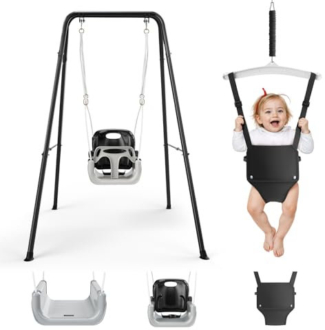 Lischwert Ensemble balançoire et pull 4 en 1 pour bébé avec support de sécurité et siège arrière réglable en corde solide, cadre en métal facile à assembler, à partir de 6 mois (noir)