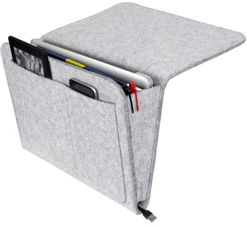 BUKYCAT Filz Bett Caddy Organizer zum Einhängen, Dicke Filz Nachttisch Tasche Bett Organizer für Buch, Zeitschriften, iPad, Handy, Fernbedienung - Hellgrau