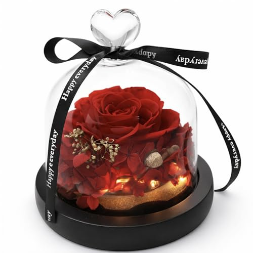 Gdecora Rosa Eterna Natural Preservada con Luces LED y Base de Madera - Cúpula de Cristal con Corazón - Regalo Original para Mujer, Madre, Novia Sant Jordi, Cumpleaños y Día de la Madre