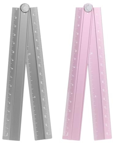 sourcing map 2pcs Folding Straight Ruler 30cm Metric Aluminum Alloy Protractor Foldable Angle Ruler Geometric Measure Tool with Angle Line for Architect Artist Office, Gray/Pink
