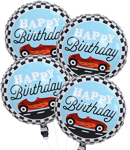 18 Inch Race Car Happy Birthday Balloons, 4pcs Black and White Checkered Racecar Foil Round Balloon, Two Fast One Birthday Decor for Kids Boys Racing Car Driver Monster Truck Theme Party Decorations