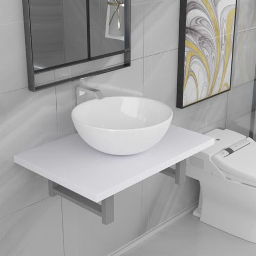 QJBSAVVA Set Mobili da Bagno 2 Pezzi con Scaffale a Muro e Lavabo Rotondo in Ceramica Bianca Salvaspazio per Bagno Toeletta Lavatoio