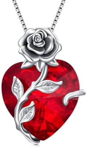 TOUPOP Necklaces for Women 925 Sterling Silver Rose Flower Heart Pendant Birthstone Necklace Anniversary Birthday Jewellery Gifts for Women Girls