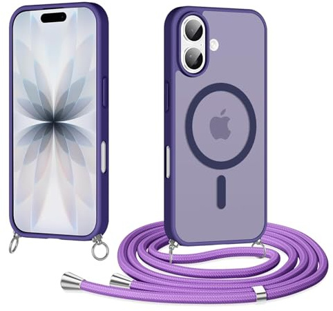 Olgary Magnetische Handyband für iPhone 17 Hülle mit Band, Kompatibel mit Magsafe, Matt Transluzente Kratzfeste PC Rückseite + TPU Bumper Schutzhülle mit Abnehmbar Kordel zum Umhängen Case, Violett