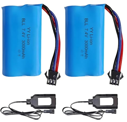 BIZOI 2 Piezas 3000mAh 7.4V Litio RC Batería, Bateria Lipo 7.4v con Conector SM-3P y Cargadores, Li-Ion Batería para Vehículos RC, Tanques, Barcos, Coches Acrobáticos, Coches y Robots