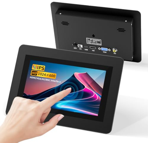7 Zoll Mini Monitor HDMI, tragbarer VGA-Monitor mit AV BNC, 1024×600 LCD-Bildschirm mit Touchscreen-Display, eingebauten Lautsprechern, 178° IPS-Blickwinkel – Multifunktions Display für Raspberry Pi